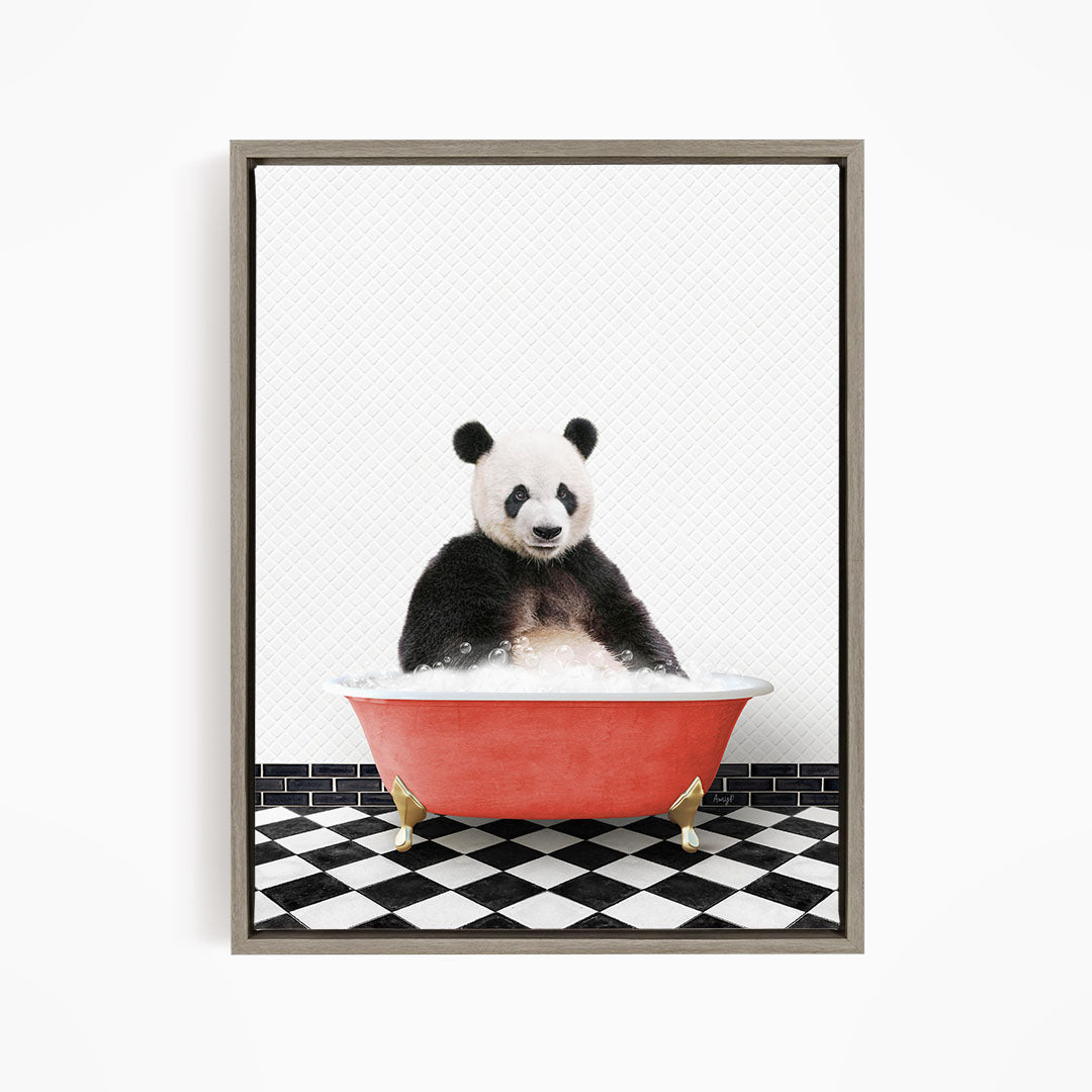 A panda bear sitting in a red bathtub filled with bubbles, surrounded by a black and white checkered floor.