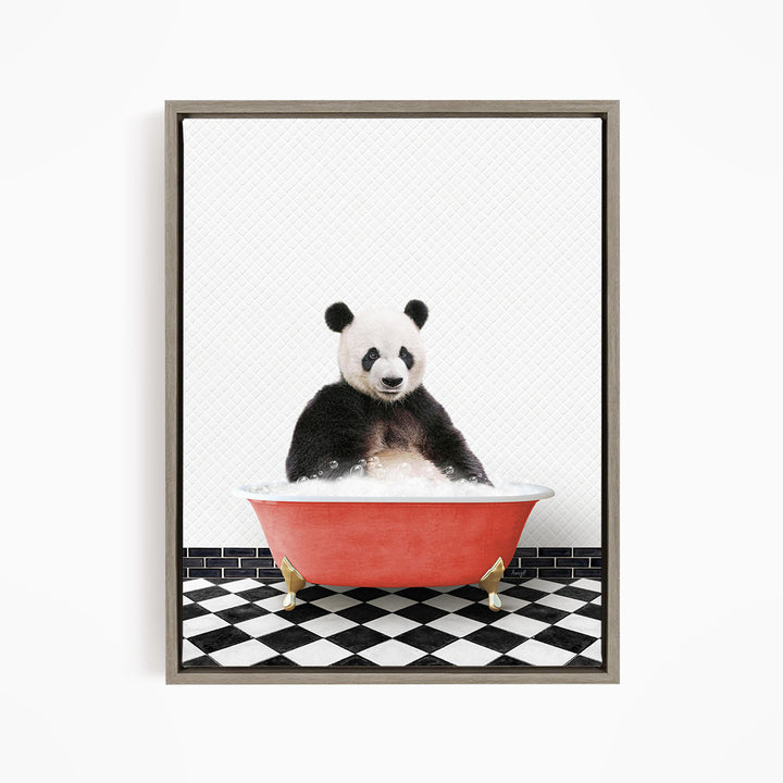 A panda bear sitting in a red bathtub filled with bubbles, surrounded by a black and white checkered floor.