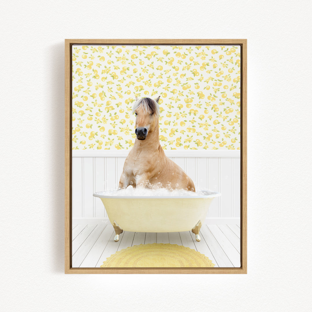 A brown horse sitting in a white bathtub filled with bubbles, surrounded by a yellow floral pattern on the wall.