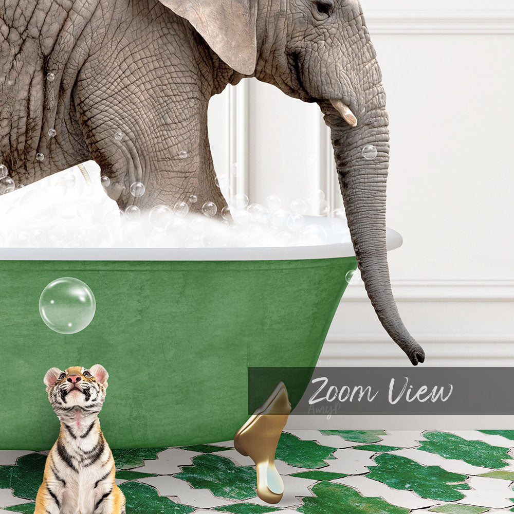 A tiger sitting next to a green bathtub filled with bubbles, with an elephant standing in the tub, creating a whimsical and playful scene.