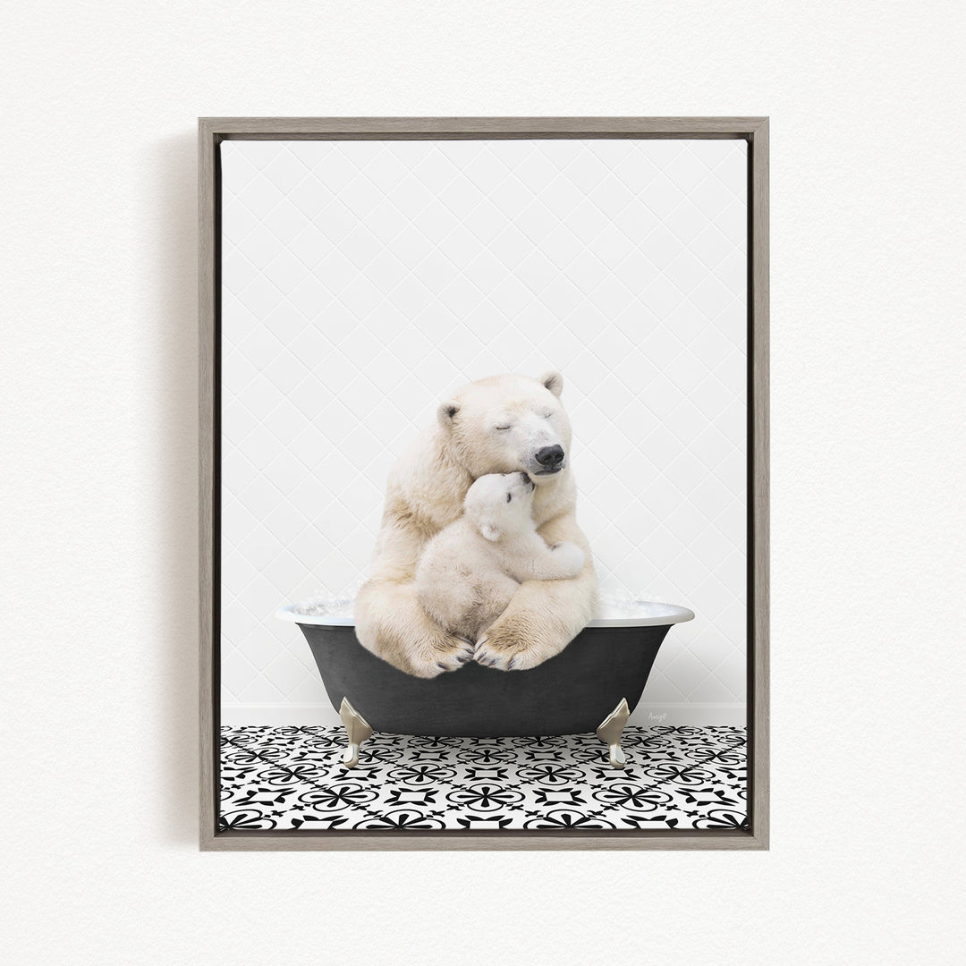 A polar bear sitting in a bathtub, with a baby polar bear nestled next to it, creating a heartwarming scene.