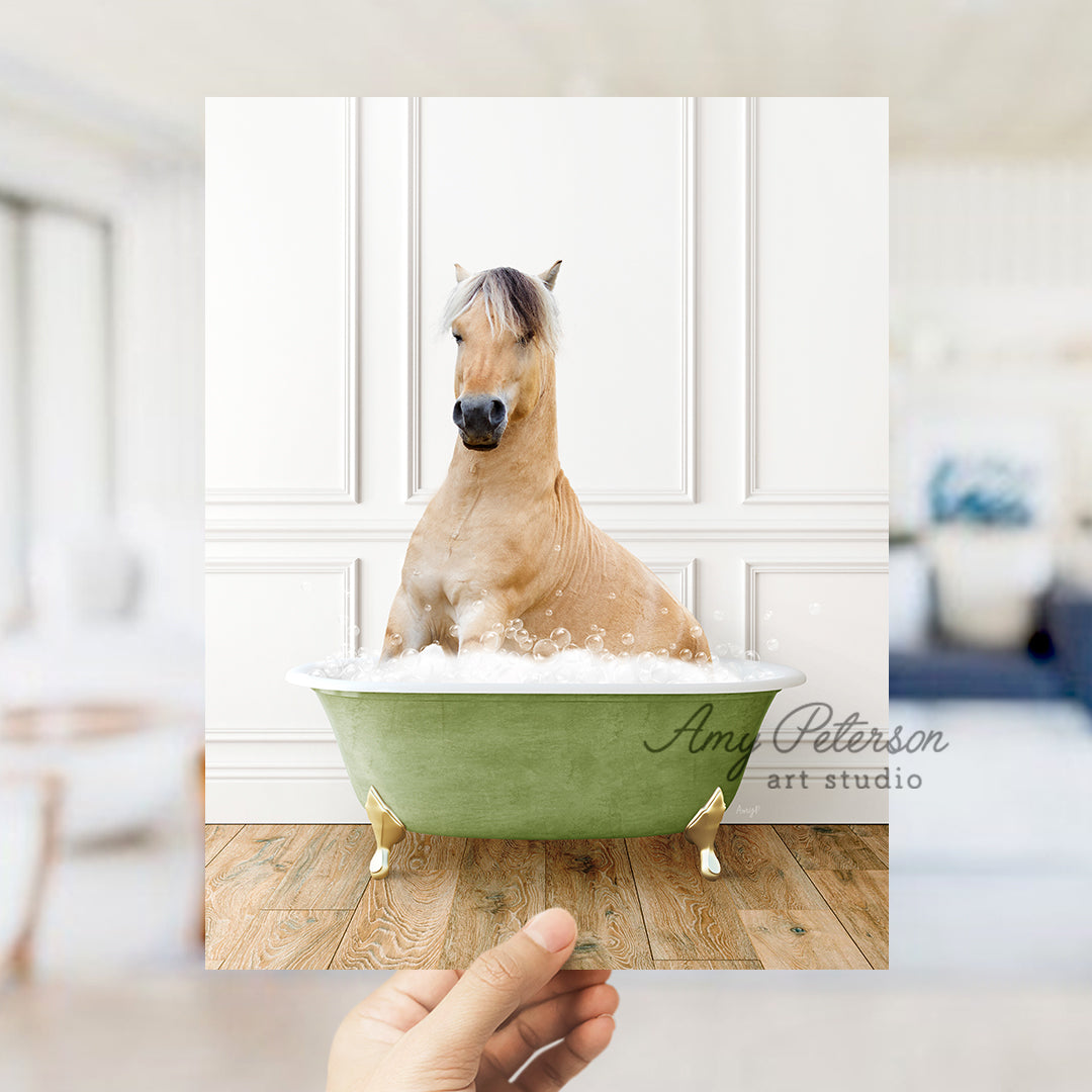 a horse sitting in a bathtub with foam on it