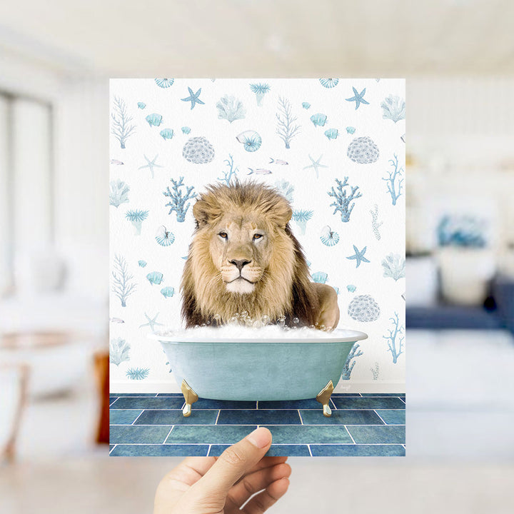 A lion is sitting in a bathtub filled with bubbles, surrounded by a blue and white patterned wall.