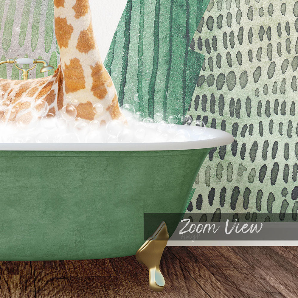 A giraffe standing in a green bathtub filled with bubbles, with a patterned wall in the background.