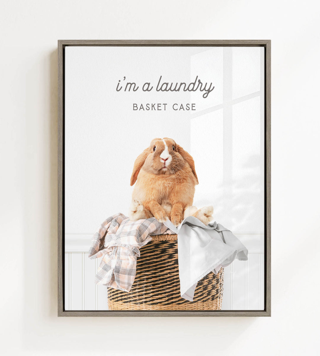 A picture of a rabbit sitting in a basket filled with clothes, with the text "I'm a laundry basket case" above the image.