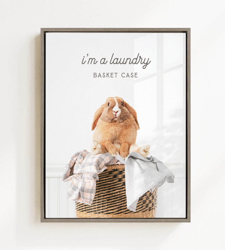 A picture of a rabbit sitting in a basket filled with clothes, with the text "I'm a laundry basket case" above the image.