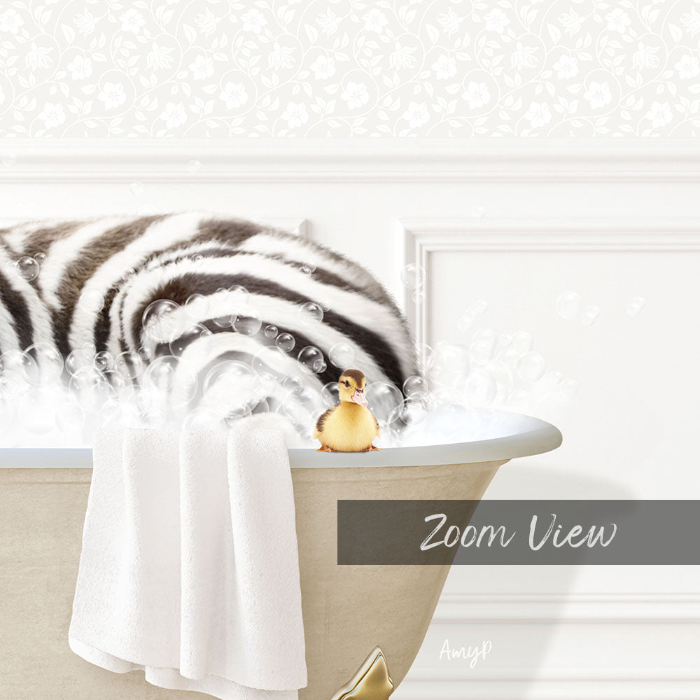 A zebra lying in a bathtub with a small yellow bird perched on its back, surrounded by bubbles.