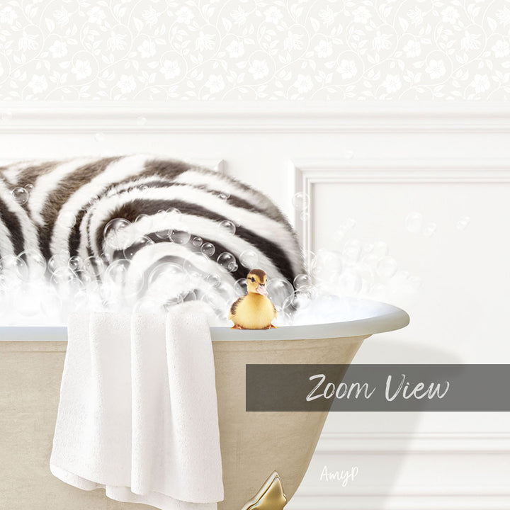 A zebra lying in a bathtub with a small yellow bird perched on its back, surrounded by bubbles.