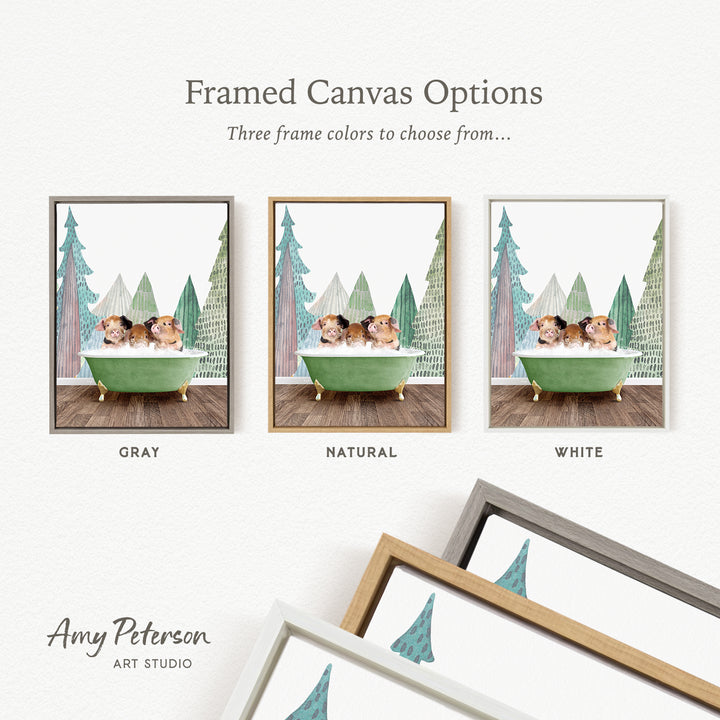 The image is a framed canvas option featuring three different color options for a painting of a bathtub with kittens.