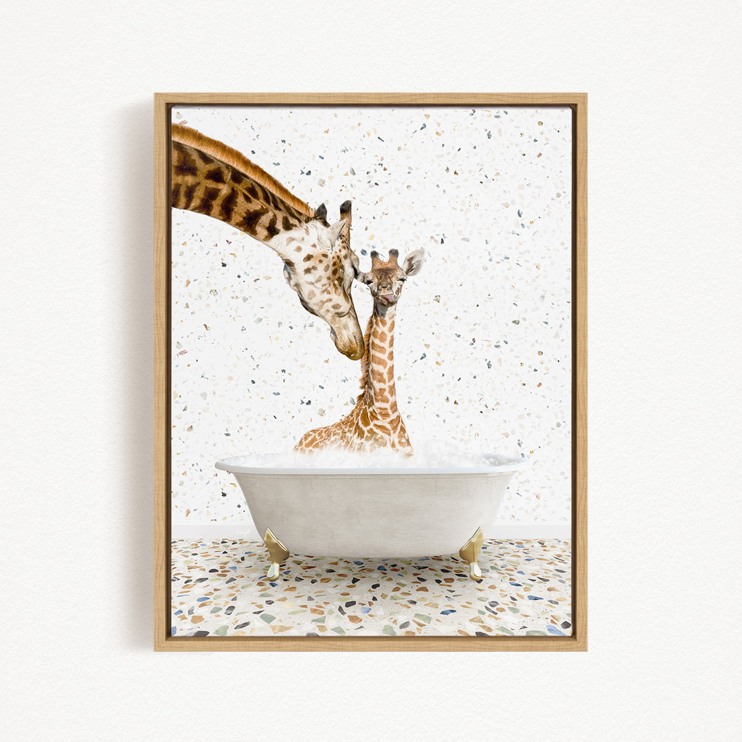 A mother giraffe and her baby giraffe are enjoying a bath together in a white bathtub, surrounded by a speckled tiled floor.