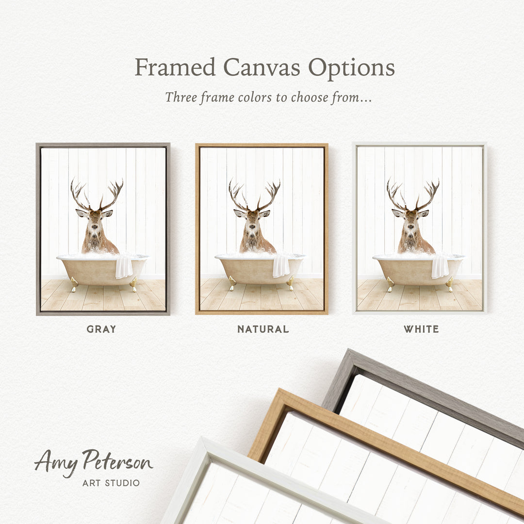 three framed canvas options featuring a deer in a bathtub, each with a different frame color: gray, natural, and white.