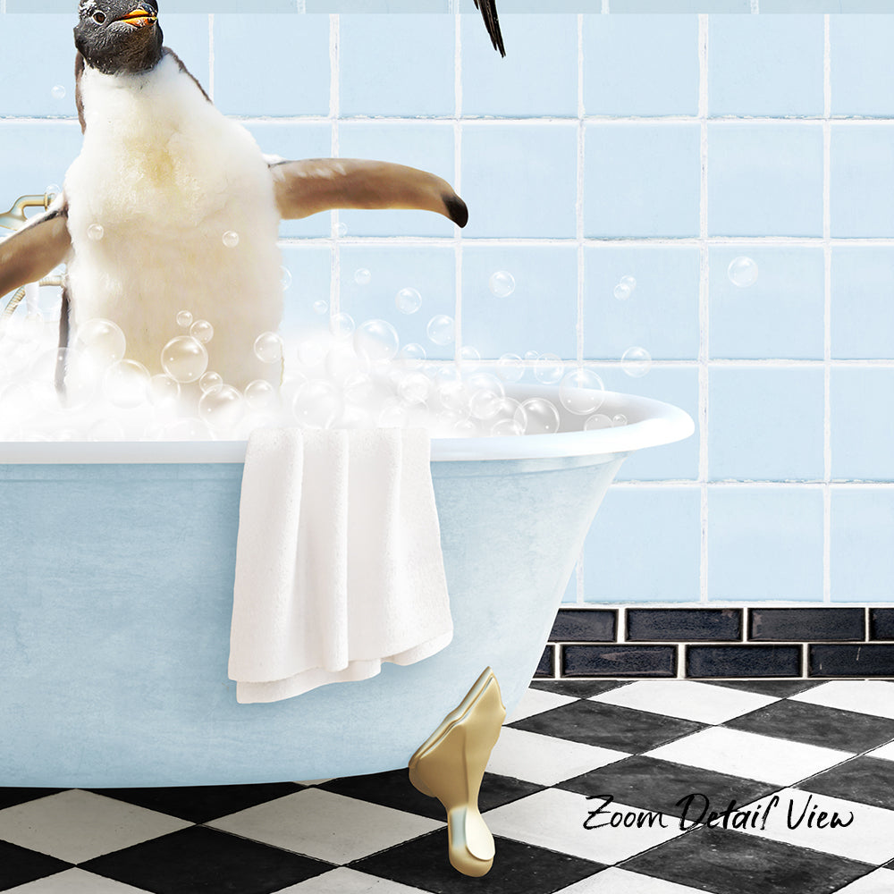 A penguin standing in a bathtub filled with bubbles, with a towel hanging on the side and a checkered floor in the background.