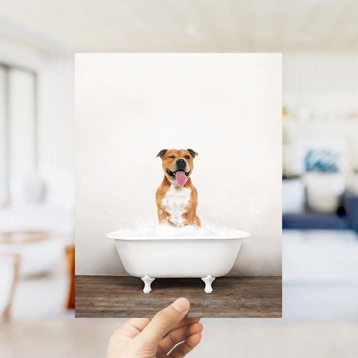 A brown and white dog sitting in a white bathtub filled with bubbles, with a person's hand holding up the image.