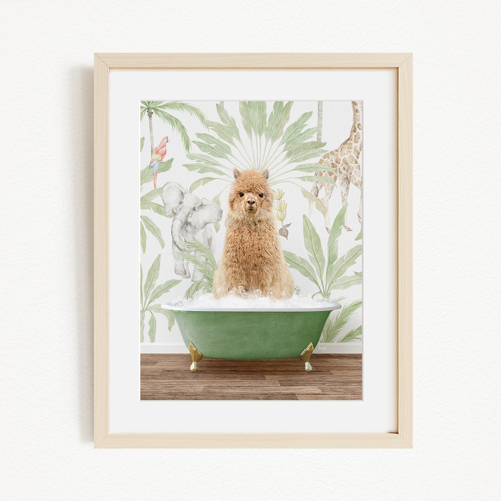 A small brown dog is sitting in a green bathtub, surrounded by a tropical wallpaper with various animals and plants.