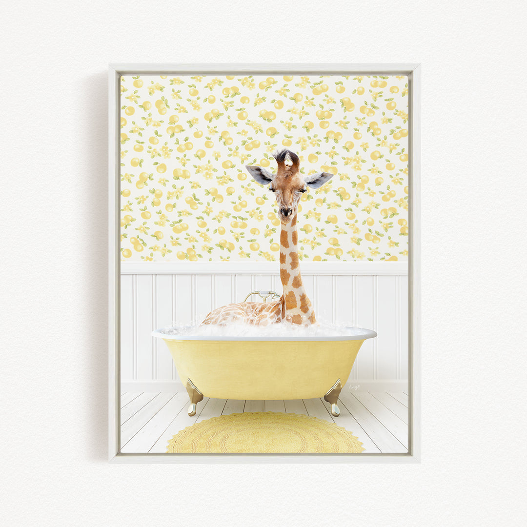 A giraffe is sitting in a yellow bathtub filled with water, surrounded by a yellow floral pattern on the wall behind it.