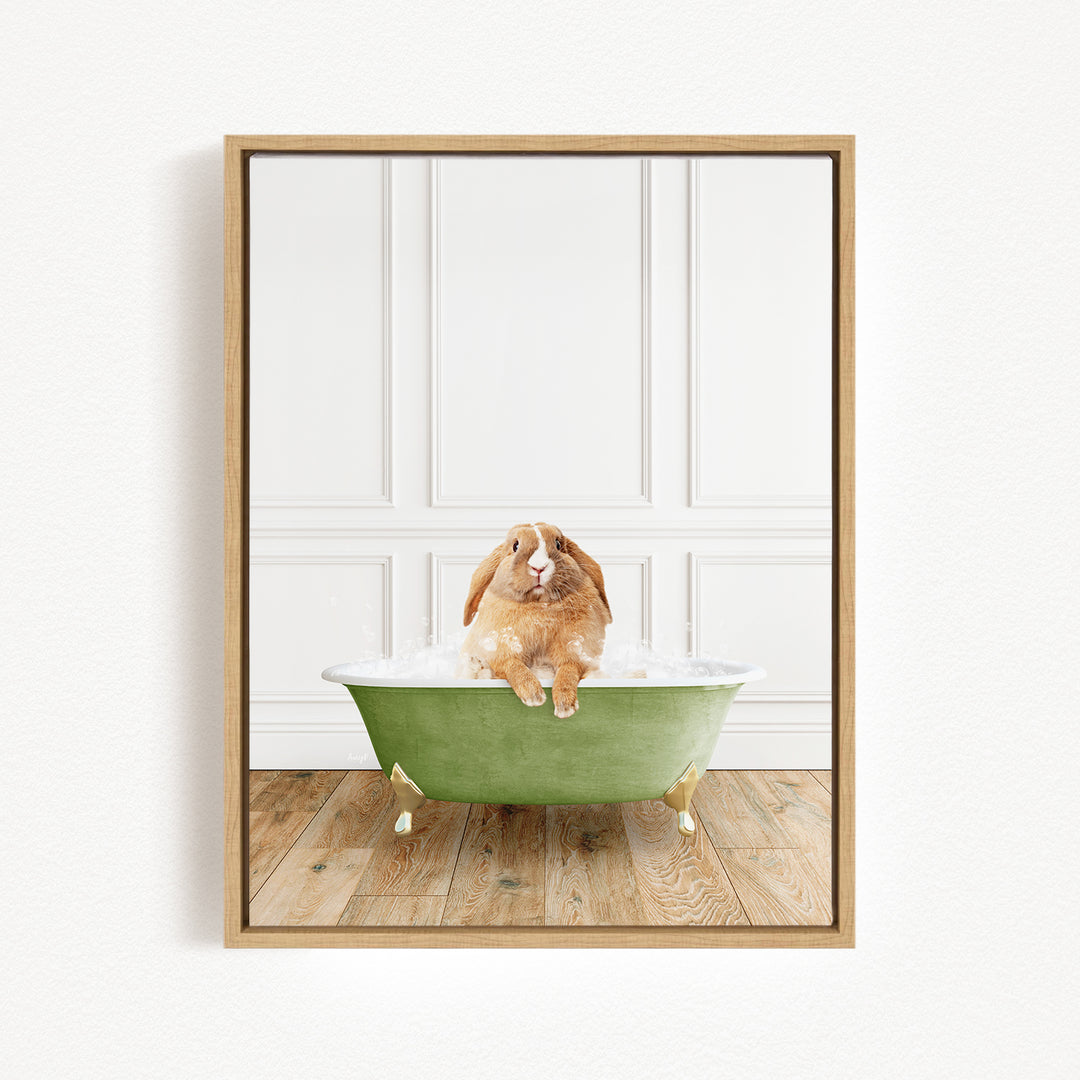 A brown rabbit sitting in a green bathtub filled with water, with a white wall and wooden floor in the background.