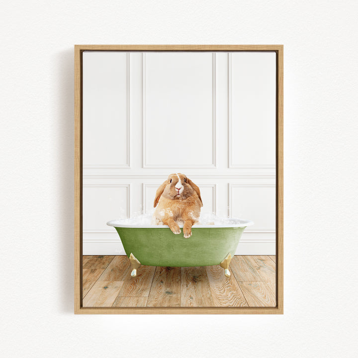 A brown rabbit sitting in a green bathtub filled with water, with a white wall and wooden floor in the background.