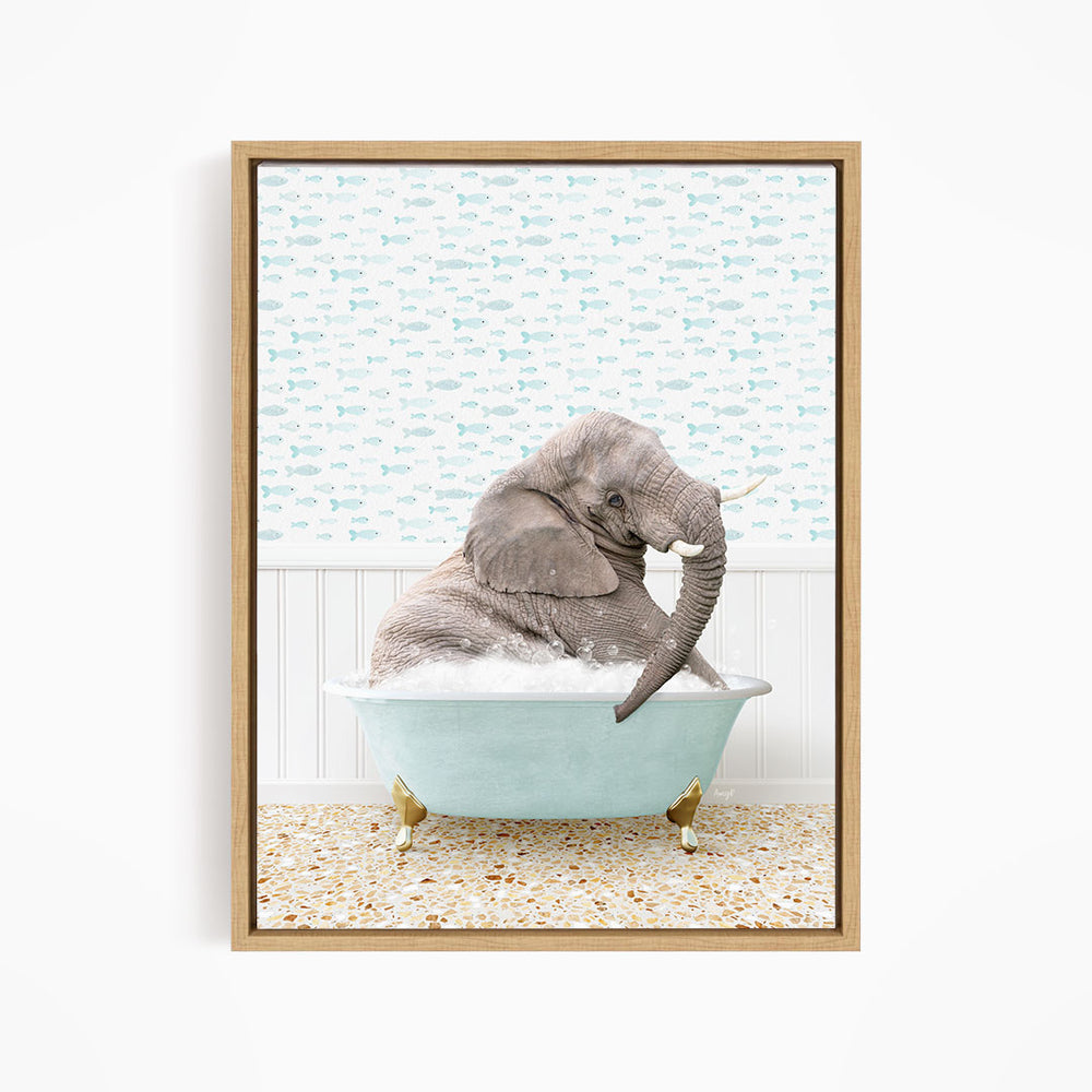 A gray elephant is sitting in a light blue bathtub filled with water, surrounded by a patterned wall and a tiled floor.