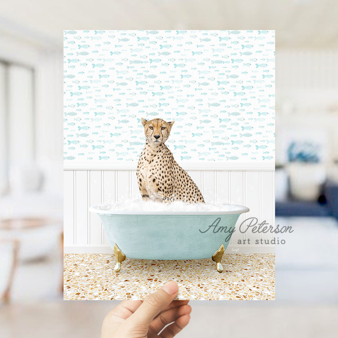 a cheetah sitting on top of a bath tub