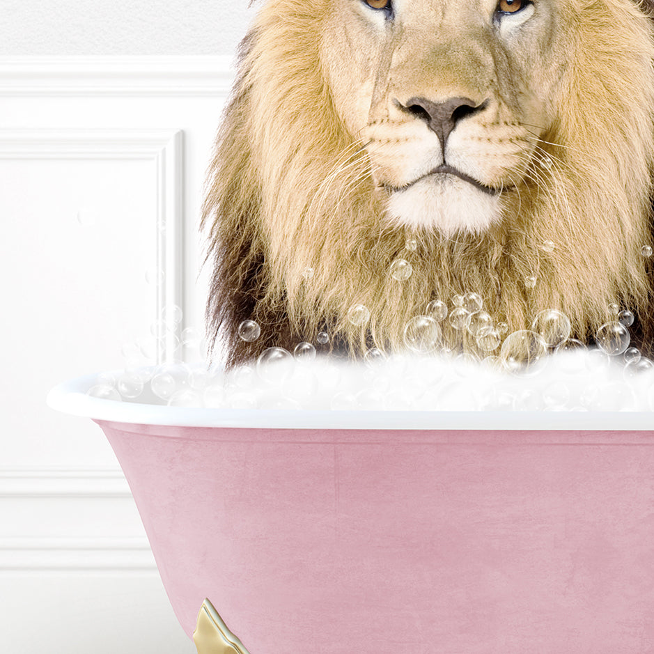 a lion sitting in a bath tub with bubbles