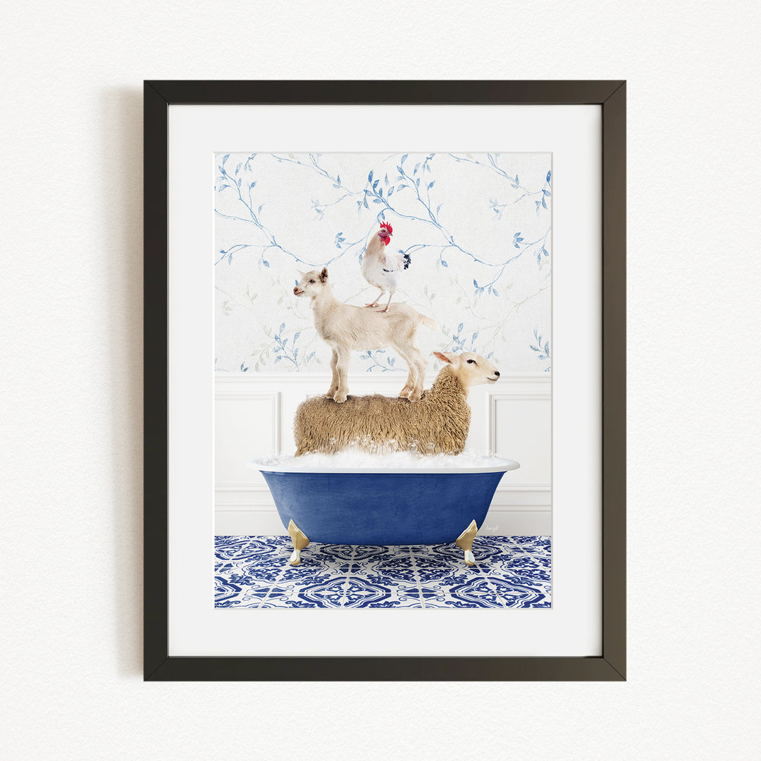 A framed image depicting a sheep standing on a goat's back while both animals are standing in a blue bathtub filled with water.