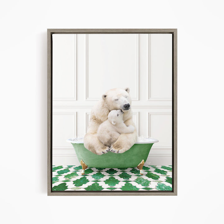 A polar bear sitting in a green bathtub, with its head resting on another polar bear, creating a heartwarming scene.