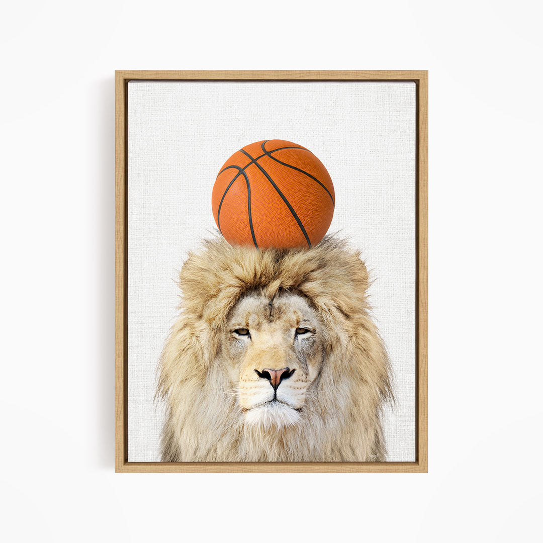 A lion with a basketball on its head, creating a playful and whimsical scene.