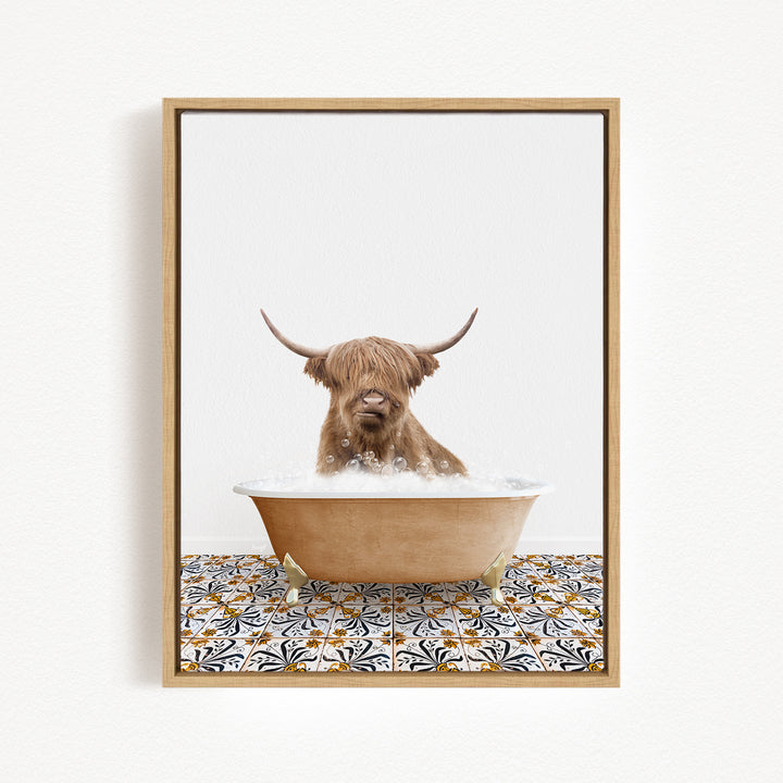 A Highland cow with long horns is sitting in a bathtub filled with bubbles, creating a whimsical and playful scene.