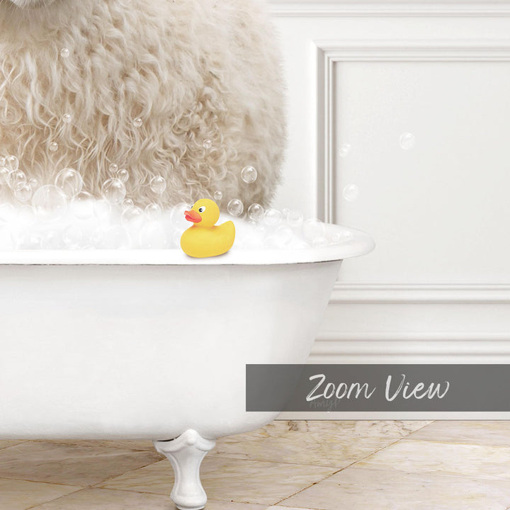 A fluffy white dog is sitting in a white bathtub filled with bubbles, with a yellow rubber duck floating on the water.
