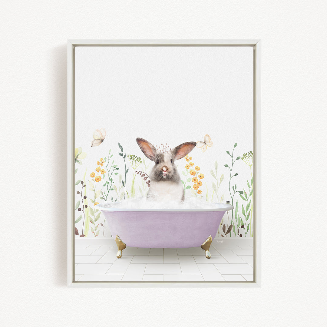 A white rabbit sitting in a purple bathtub filled with bubbles, surrounded by flowers and butterflies.