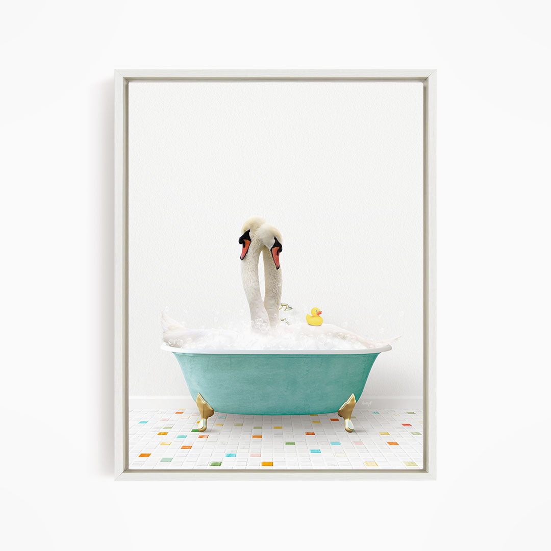 A pair of swans bathing in a green bathtub, with a yellow rubber duck floating nearby.