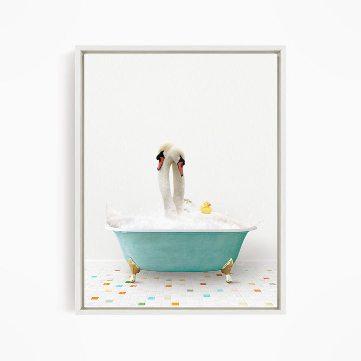 A pair of swans bathing in a green bathtub, with a yellow rubber duck floating nearby.