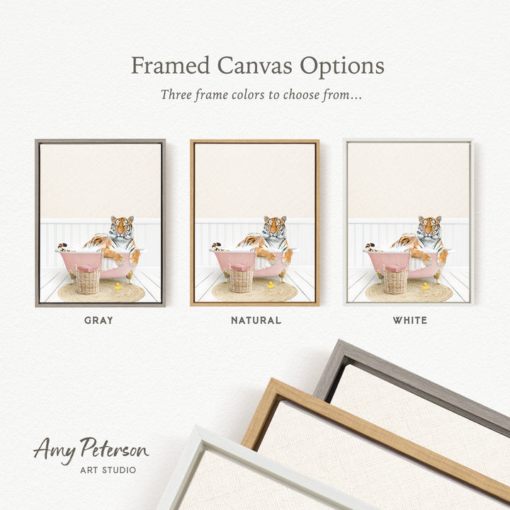 The image is a framed canvas option showcasing three different colored frames for a tiger bath scene.