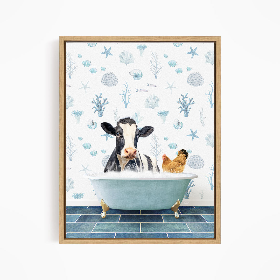 A cow is sitting in a bathtub filled with water, surrounded by a chicken and a starfish, against a backdrop of blue and white seashells and starfish.