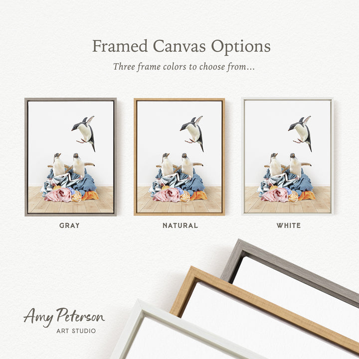 three framed canvas options, each with a different color: gray, natural, and white. The text above the images reads " Framed Canvas Options" and "Three frame colors to choose from...". The text below the images reads "Grays", "NATURAL", and "WHITE". The artist's name, " Amy Peterson", is also present.