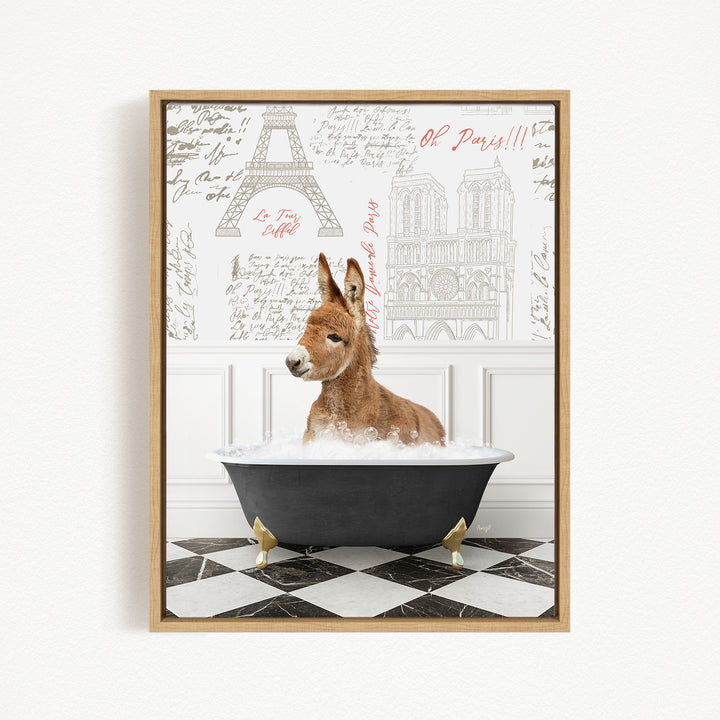 A donkey is sitting in a bathtub filled with water, surrounded by a checkered floor and a wall with the Eiffel Tower and other Parisian landmarks.