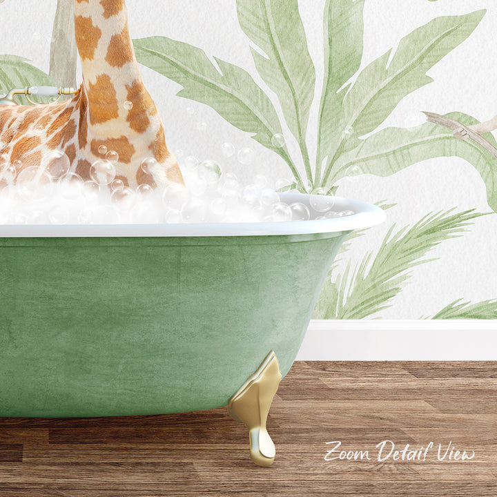 A green claw-foot bathtub filled with bubbles, with a giraffe's head emerging from the water, against a backdrop of a tropical plant wallpapered with palm leaves.