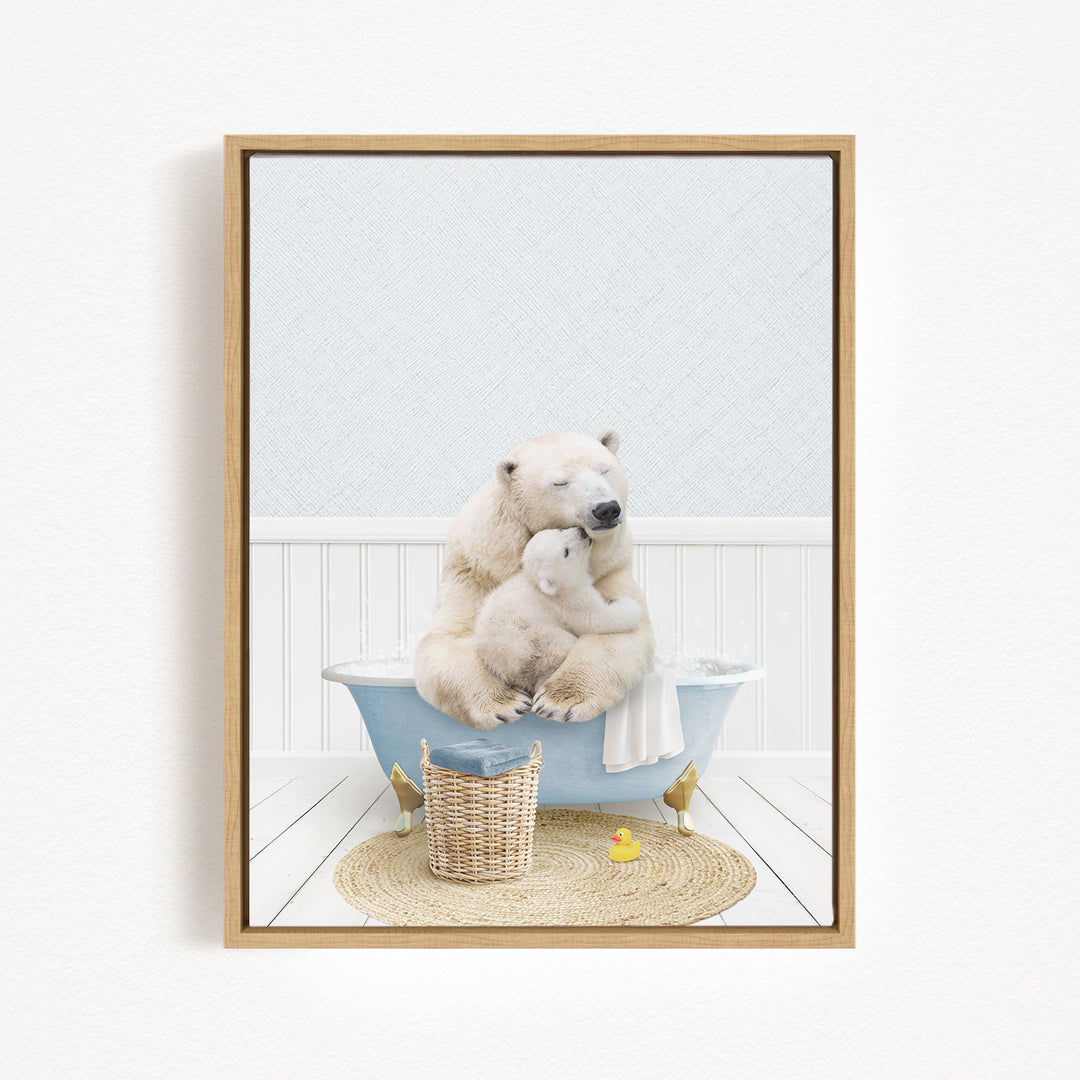 A mother polar bear and her cub sitting together in a bathtub, with a basket of toys nearby.