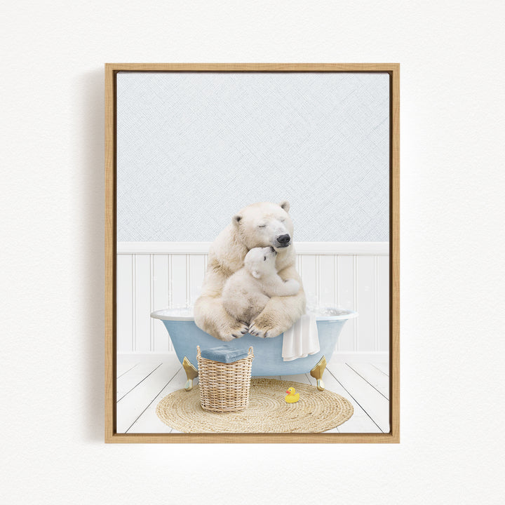 A mother polar bear and her cub sitting together in a bathtub, with a basket of toys nearby.