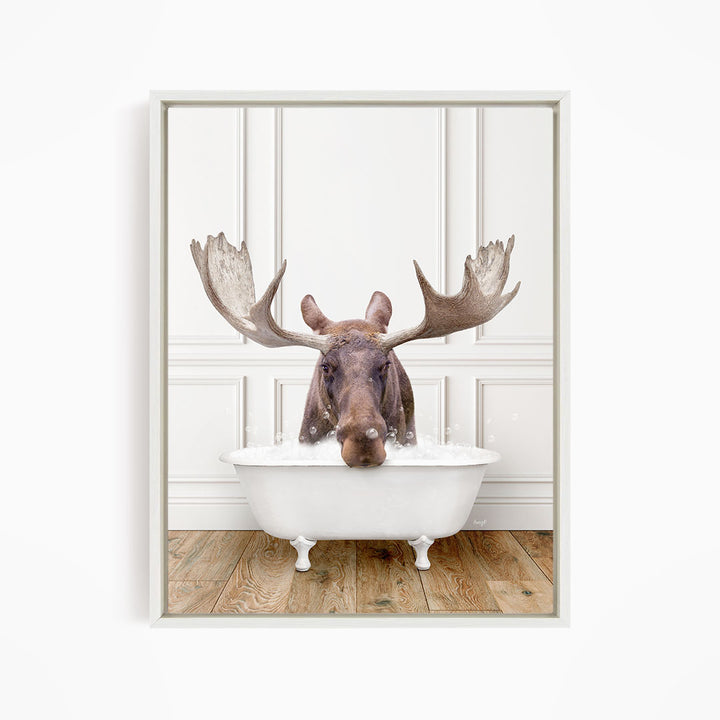 A moose with large antlers is sitting in a white bathtub, appearing to enjoy the bath.
