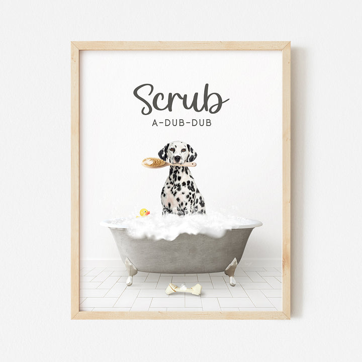 a poster of a dalmatian dog in a bathtub