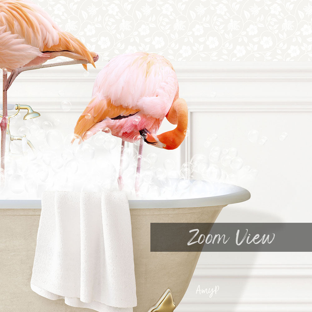 A pink flamingo standing in a bathtub filled with water, with a towel draped over the side of the tub.