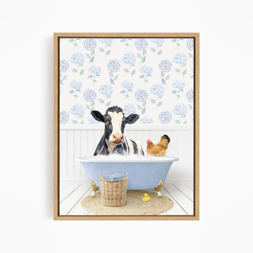 A cow is sitting in a bathtub filled with water, surrounded by a chicken and a duck, with a blue and white floral patterned wall in the background.