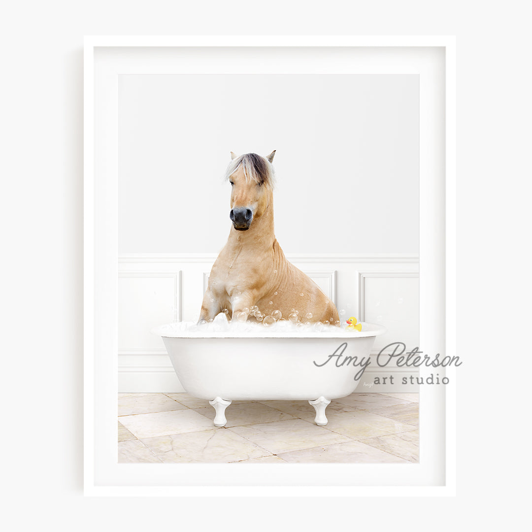 a horse sitting in a bathtub in a bathroom