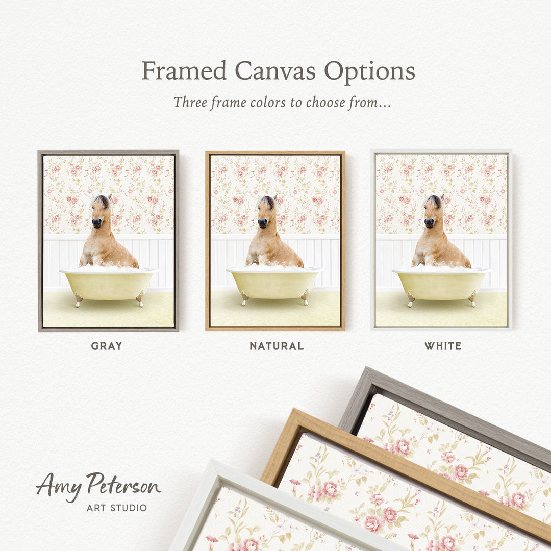 The image is a framed canvas option showcasing three different framed canvas options for a picture of a dog sitting in a bathtub.