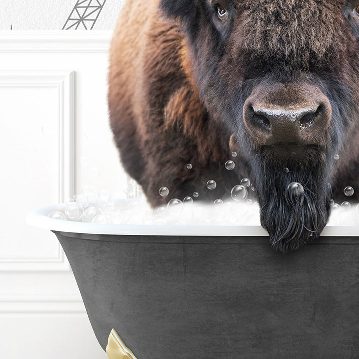 a large buffalo standing in a bath tub