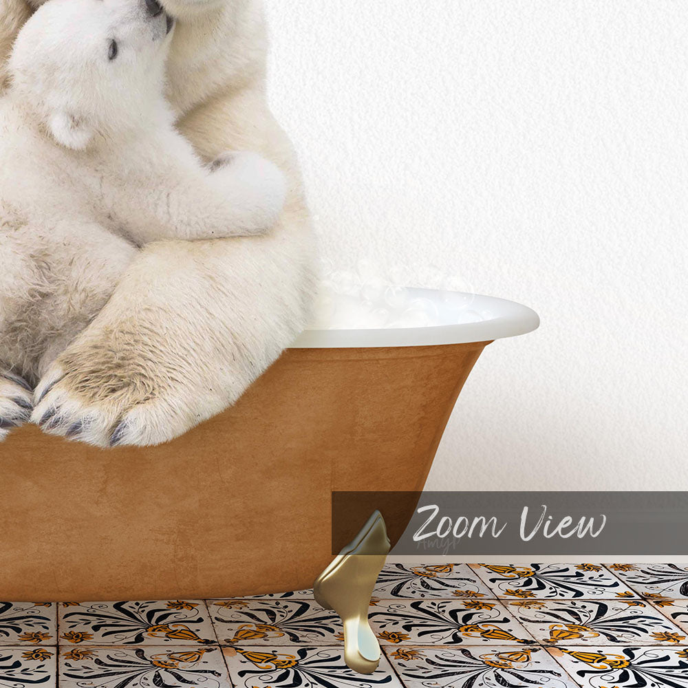 A polar bear sitting in a bathtub, with its paw resting on the edge of the tub.