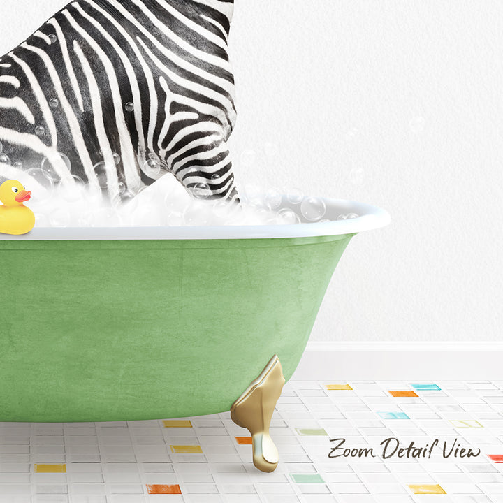 A zebra is standing in a green bathtub filled with bubbles, with a rubber duck floating nearby.