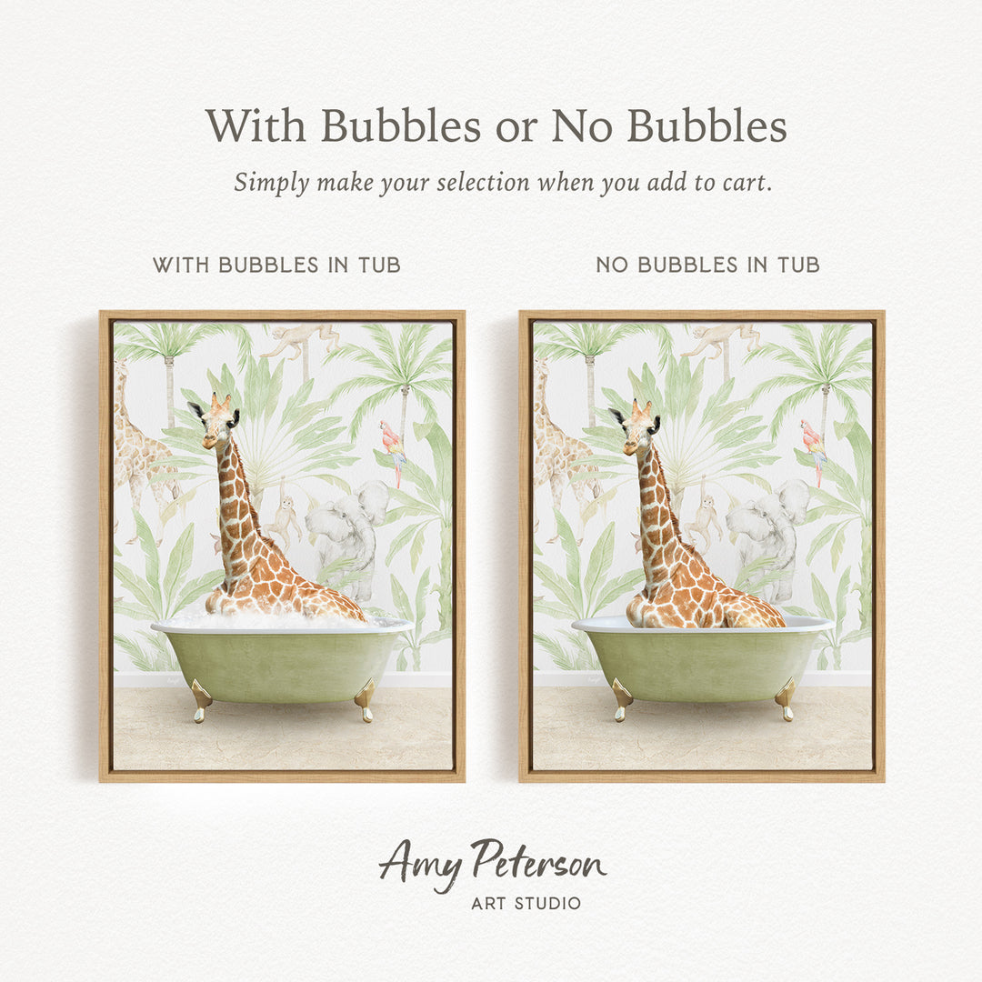The image is a framed print featuring a giraffe sitting in a bathtub, with a text overlay that provides instructions for selecting whether to include bubbles or not.