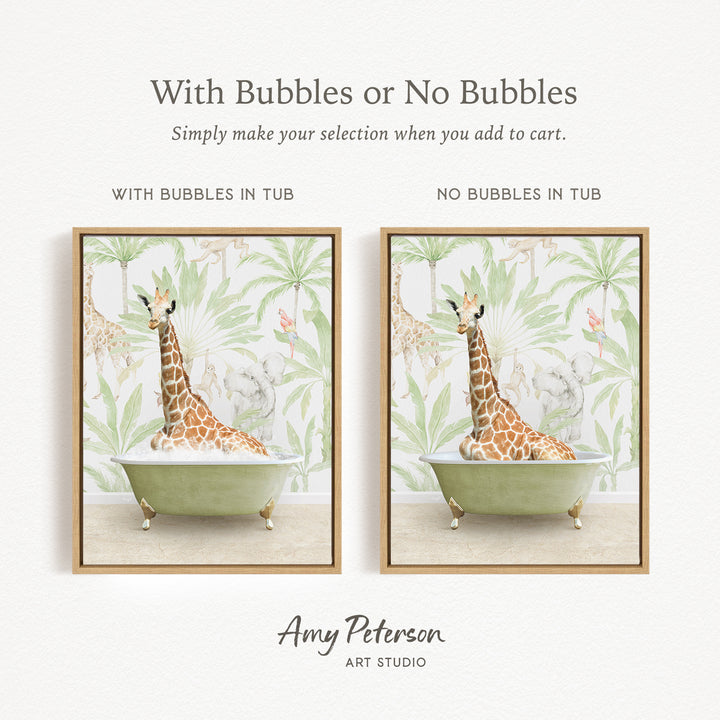 The image is a framed print featuring a giraffe sitting in a bathtub, with a text overlay that provides instructions for selecting whether to include bubbles or not.